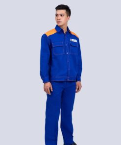 Quần áo bảo hộ pha màu xanh phối vai cam vải Pangzim Hàn Quốc